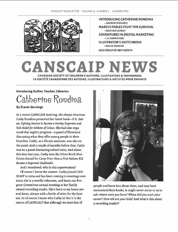 The cover of the CANSCAIP newsletter. A photo of Catherine Rondina is on the cover, next to an article about her.